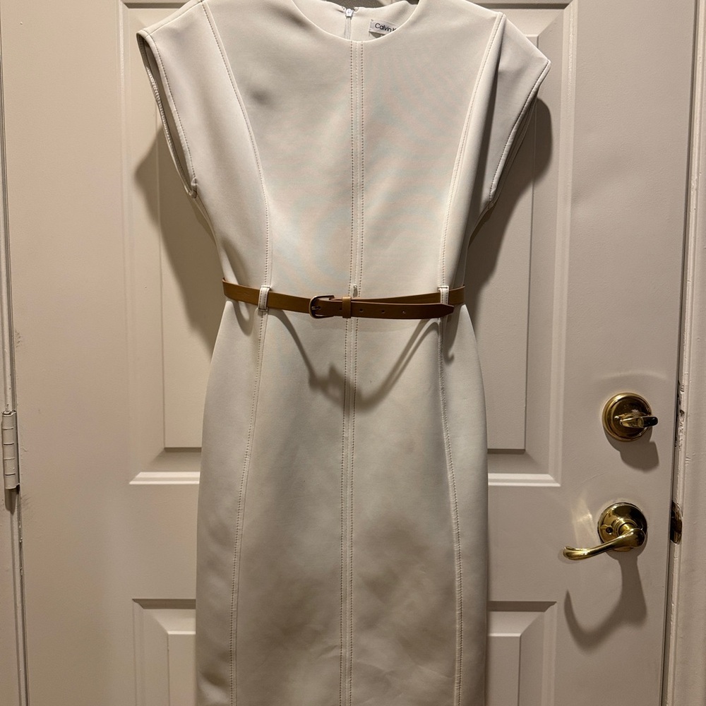 Calvin Klein Ivory Midi Dress with Tan Belt